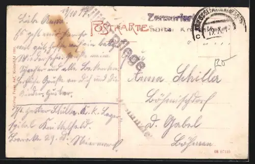 AK Knittelfeld, Hauptplatz mit Geschäften und Denkmal