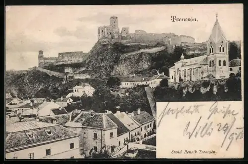 AK Trencsén, Ortsansicht mit Burg