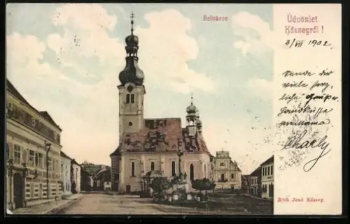 AK Köszeg, Belváros, Blick auf die Kirche