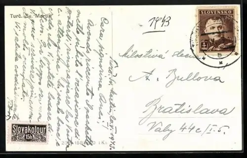 AK Turc. Sv. Martin, Ortsansicht aus der Vogelschau, Schulgebäude