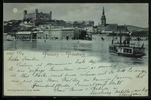 Mondschein-AK Pressburg, Ortsansicht mit Donau im Vordergrund