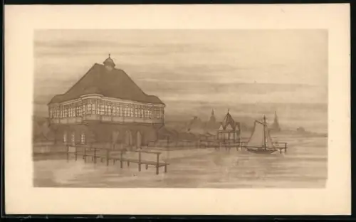 Künstler-AK Reval, Pavillon und Landunsstege am Ufer, Segelboot