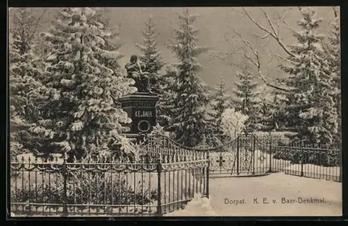 AK Dorpat, K. E. von Baer-Denkmal im Winter