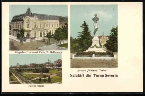 AK Turnu Severin, Magazinul Universal Victor P. Maldarescu, Parcul rozelor, Statuia Imparatul Traian