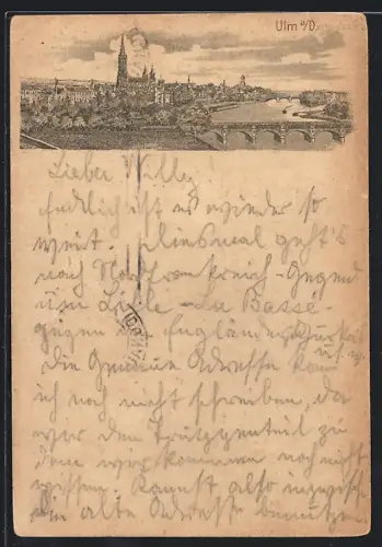 Lithographie Ulm an der Donau, Donaupartie mit Brücke