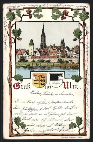 Künstler-AK Ulm / Donau, Stadtansicht mit Münster, Wappen