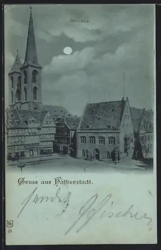 Mondschein-AK Halberstadt, Kirche im Vollmondlicht