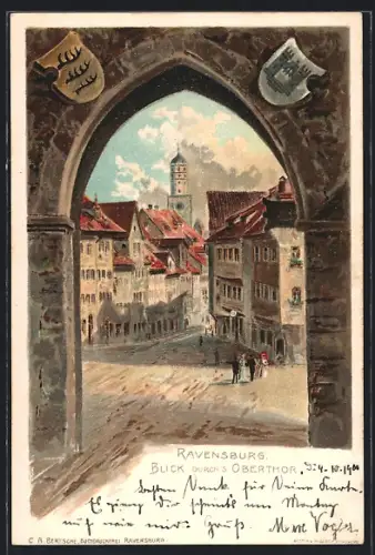 Lithographie Ravensburg, Blick durch Oberthor