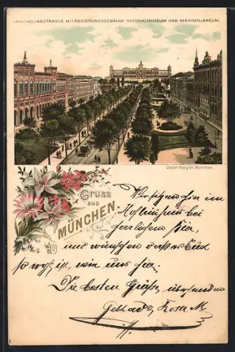 Lithographie München, Maximilianstrasse mit Regierungsgebäude, Nationalmuseum und Maximilianeum