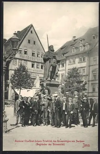 AK Jena, Denkmal Kurfürst Johann Friedrich des Grossmütigen von Sachsen mit Studenten, Weinhandlung Göhre