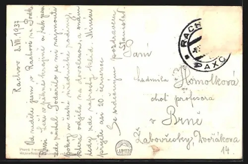 AK Rachov, Ortsansicht mit Eisenbahnstrecke