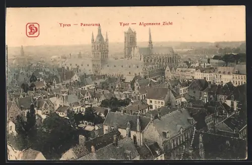 AK Ypres, Panorama mit Kirche