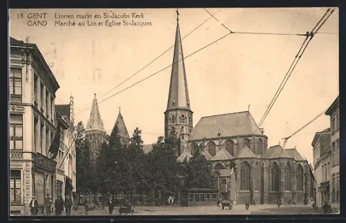 AK Gand, Marché au Lin et Église St-Jacques