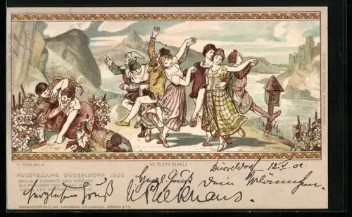 Lithographie Düsseldorf, Industrie- & Gewerbe-Ausstellung 1902, Tanzende Menschen beim Weinbau