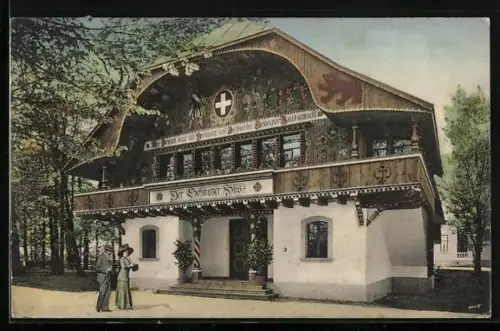 AK Dresden, Internationale Hygiene-Ausstellung 1911, Schweizer Pavillon, Spaziergänger