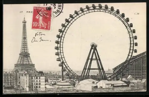 AK Paris, La Grande Roue et la Tour Eiffel