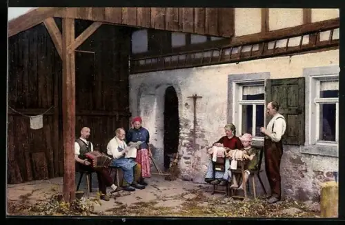 AK Feierabend vor der Schmiede, sächsische Tracht