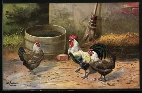 Künstler-AK Alfred Schönian: Hahn und Hühner beim Haus
