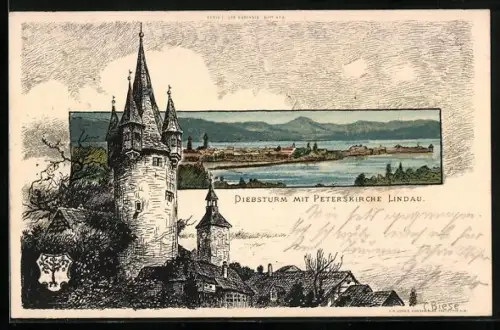 Künstler-AK K. Mutter: Lindau, Ortsansicht, Diebsturm und Peterskirche