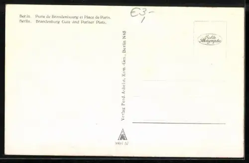 AK Berlin, Brandenburger Tor und Pariser Platz