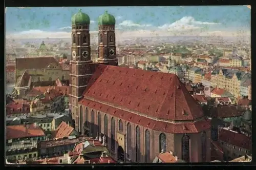 AK München, Frauenkirche aus der Vogelschau