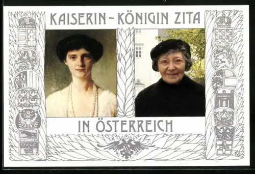 AK Kaiserin Zita von Österreich, Porträts von 1917 und 1982, Wappen