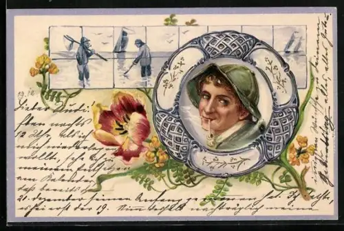 AK Fischer mit Tabakpfeife und Blume, Fischer mit Keschern
