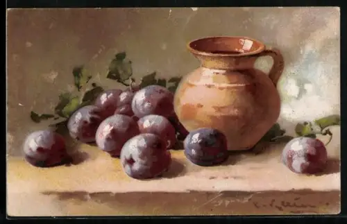 Künstler-AK Catharina Klein: Stillleben mit Pflaumen und Tonkrug auf einem Tisch