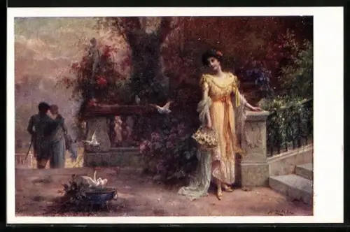 Künstler-AK Hans Zatzka: Frau im gelben Kleid beobachtet ein verliebtes Paar im park