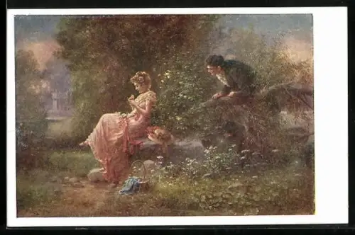 Künstler-AK Hans Zatzka: Mann belauscht eine junge Frau die auf einem Stein sitzt und mit sich redet