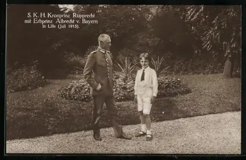 AK Kronprinz Rupprecht mit Erbprinz Albrecht von Bayern in Lille im Juli 1915