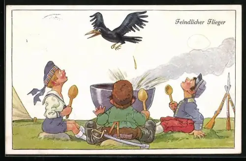 AK Kindliche Soldaten an der Kochstelle unter Beschuss von einem feindlichen Flieger