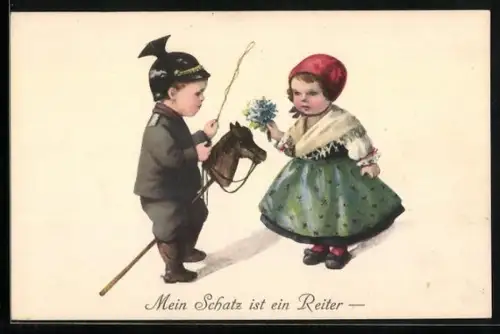 AK Mein Schatz ist ein Reiter, Mädel und kleiner Ulan mit Steckenpferd