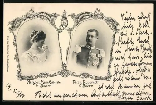 AK Kronprinz Rupprecht von Bayern und Herzogin Marie Gabriele in Bayern im Porträt