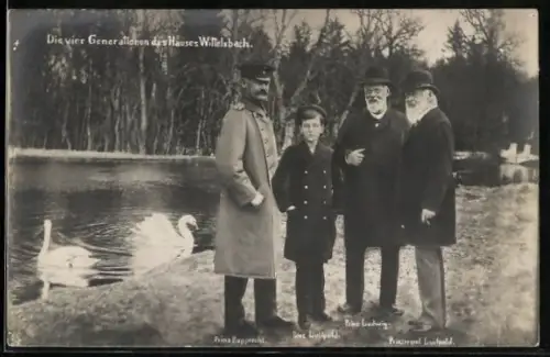 AK Prinz Ludwig von Wittelsbach mit Prinz Rupprecht, Prinz Luitpold und Printregent Luitpold an einem Gewässer