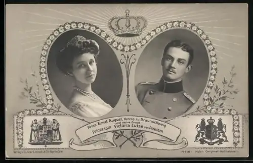 AK Porträts Prinz Ernst August von Braunschweig in Uniform und Prinzessin Victoria Luise von Preussen, Wappen, Krone