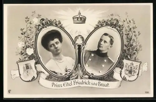AK Prinz Eitel Friedrich von Preussen in Uniform und seine Braut, Wappen