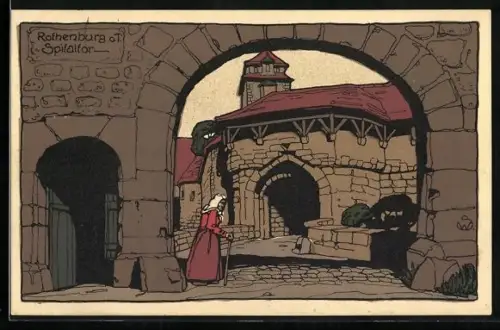 Steindruck-AK Rothenburg / Tauber, Spitaltor