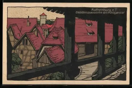 Steindruck-AK Rothenburg a. T., Stadtmauerpartie am Klingertor