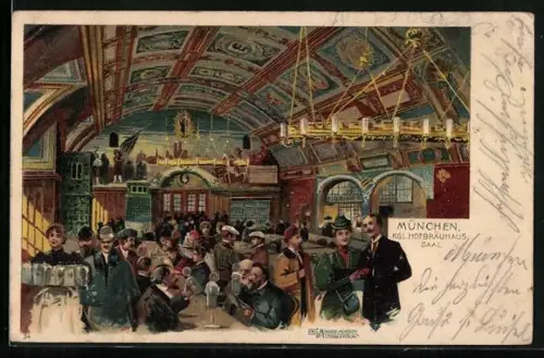 Lithographie München, Saal im Kgl. Hofbräuhaus, Innenansicht