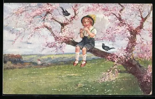 Künstler-AK F.Schlemo: Kleiner Junge mit Flöte auf einem blühenden Baum