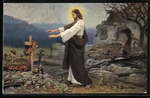 Künstler-AK Rob. Leinweber: Ruhet in Frieden, Der Herr segnet das Soldatengrab