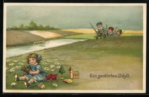 AK Kindliche Soldaten auf dem Marsch, Mädchen mit Spielzeug