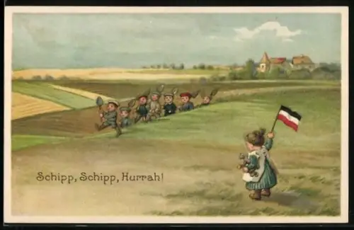 Künstler-AK Ad. Hoffmann: Kindersoldaten einer Spatentruppe-Schipp, Schipp, Hurrah !, Mädchen mit Fahne