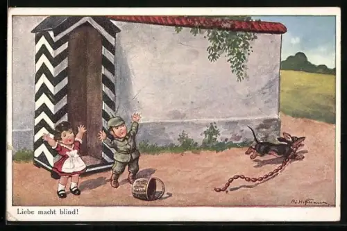 Künstler-AK Ad.Hoffmann: Kind in Uniform am Schilderhaus, Dackel klaut die Wurst, Liebe macht blind