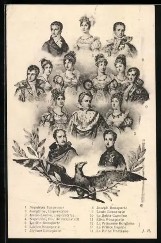 AK Napoléon et Joséphine, Laetitia, Lucien, Joseph, Louis et Jérôme Bonaparte, Duc de Reichstadt, La Reine Caroline