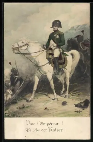 AK Napoleon auf seinem Pferd mit seinen Truppen bei einer Schlacht