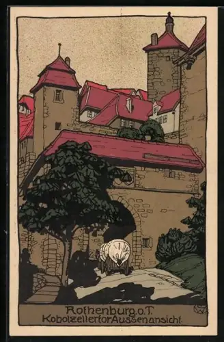 Steindruck-AK Rothenburg o. T., Kobolzellertor, Aussenansicht, mit Pferdewagen