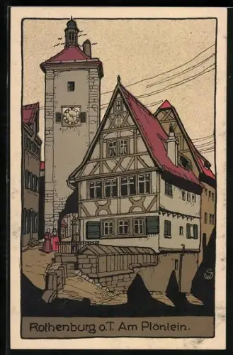 Steindruck-AK Rothenburg o.T., Am Plönlein mit Kirchturm