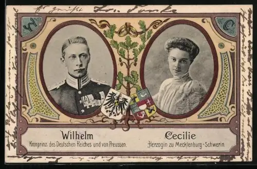 Künstler-AK Portraits Kronprinz Wilhelm von Preussen und Herzogin Cecilie, Eichenlaub, Wappen